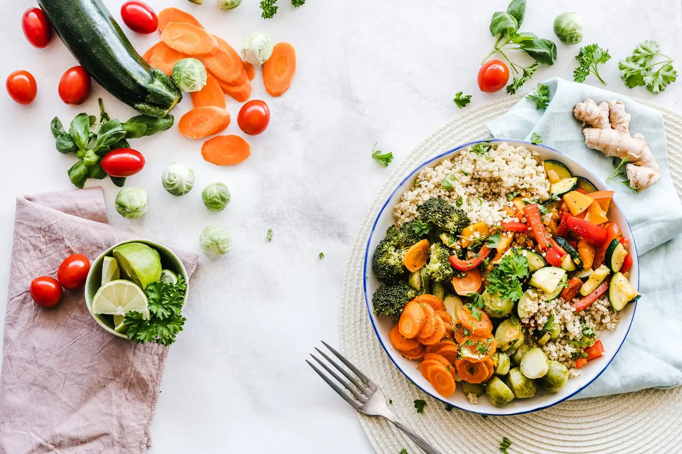Balanced meal with vegetables, grains, and protein